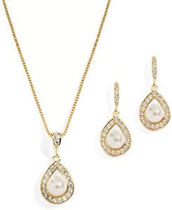Mariell Pearl Necklace and Drop Earrings Wedding Jewelry Set for Brides, Bridesmaids, Birthday Gift, Metal Gemstone Faux Pearl, Cubic Zirconia