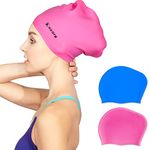 Keary 2 Pack Updated Silicone Swim Cap for Long Hair Women Girl Waterproof Bathing Pool Swimming Cap Cover Ears to Keep Your Hair Dry, 3D Soft Stretchable Durable and Anti-Slip, Easy to Put On and Off