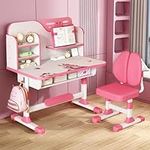 Shienfir Premium Kids Study Desk and Chair Set, Children's Height Adjustable Study Desk w/Integrated Shelf and Drawer, Astronaut Pattern, Ergonomic Desk Chair with Large Writing Board Pink A