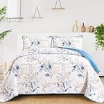 Blue Quilt Set Queen,3 Pieces Reversible Elegant Blue Botanical Leaves Pattern Bedspread Coverlet Soft Microfiber Bed Cover for All Season(96"×90")