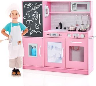 HONEY JOY Pretend Play Kitchen, Toddler Kitchen Playset w/Blackboard, Phone, Microwave, Ice Maker, Dishwasher & Oven, Wooden Kitchen Toy with Accessories & Simulated Sounds for Boys Girls 3-6 (Pink)