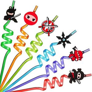 24 Pcs Ninja Party Favors Reusable Ninja Themed Drinking Straws Plastic Straws for Kids Samurai Ninja Throw Stars Plastic Straws for Juice Milk Drinks Birthday Party Supplies