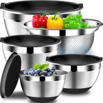 Mixing Bowls with Airtight Lids Set, 4 Stainless Steel Bowls Nesting Bowls & Colander, Kitchen Organizers and Storage Non-Slip Bottom, Size 1.5/2.0/2.5/4.0QT, Great for Mixing & Serving, Black