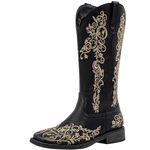 SheSole Cowboy Boots Woman Wide Calf Square Toe Floral Embroidered Country Western Cowgirl Boots Black Size US 8