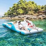 COSTWAY Inflatable Floating Island, Giant Float Raft with Electric Pump, Ice Chest and Built-in Cup Holders, Lounger & Wading Combo Water Pool Toy for 4-6 Persons