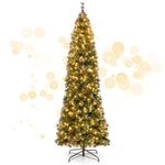 HAPPYGRILL 8FT Artificial Pre-lit Christmas Tree, Hinged Pencil Xmas Tree w/1168 Branch Tips, 420 LED Lights, Red Berries, Seasonal Decoration Tree for Office Home Party