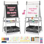 FUNLIO Anti-Warping Kids Art Easel, 3 Height Adjustable for Kids Aged 2-8, All-in-One Toddler Easel with Paper Roll & Erasable Frame, Standing Easel with Magnetic Chalkboard/Whiteboard (Grey)