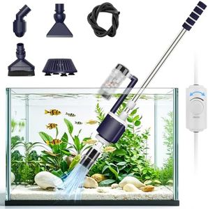 AQQA 600GPH Electric Aquarium Gravel Cleaner, 6-in-1 Automatic Fish Tank Vacuum Cleaner & Water Changer with Stainless Steel Handle & 3-Stage Filter Cup for Turtle Tanks, Adjustable Flow 34W