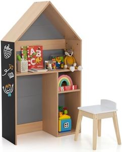 Costzon Kids Table and Chair Set, 2-in-1 House-Shaped Kids Toy Organizer Cabinet with Blackboard, Ample Storage, Toddler Wooden Desk and Chair for Drawing, Reading, Gift for Boys Girls (Grey)