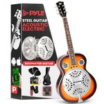 Pyle, Resophonic Acoustic Electric Guitar-6 Round Neck Sunburst Mahogany Traditional Resonator w/Built-in Pre Amplifier, Case Bag, Strap, Steel Strings, Tuner, Picks PGA500BR, White