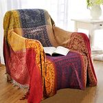 amorus Chenille Jacquard Tassels Throw Blanket Sofa Chair Cover Tablecloth - Colorful Tribal Pattern (86 Inch x 102 Inch)