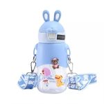 CherryBox Silicon Top Cute Rabbit Water Bottle With Sipper, Bpa Free Bottle -Anti-Leak Cute Design With Straw For Kids (Includes Random 3D Stickers) (Blue) 600milliliters