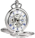 TREEWETO Silver Double Cover Roman Numerals Dial Skeleton Mens Women Pocket Watch