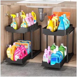 2 Pack Double Sliding Under Sink Organizers and Storage, Kitchen Accessories, Two Tier Bathroom Storage and organization, Under Cabinet Organizer with Hooks, Home Organization, Black