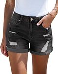 LookbookStore Casual Jean Shorts for Women High Rise Ripped Folded Hem Distressed Denim Shorts Pants Black Size Large