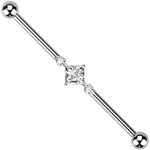 Pierced Owl 14GA G23 Implant Grade Titanium 2 Round CZ Crystals and Square Crystal Center Internally Threaded Industrial Barbell (Silver Tone)