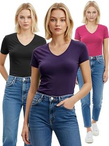 Emmalise Women's Short Sleeve T Shirt V Neck Tee Value Set (3Pk, Fuchsia, Purple Night, Black, 1XL)