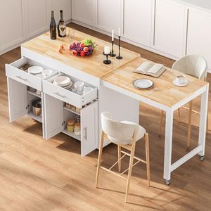 OtterOasis 78" Rolling Kitchen Island with Extendable Table, Mobile Kitchen Islands with Storage for 2-4, 3 in 1 Island Cart on Wheels for Small Space with 2 Drawers & 4 Door Cabinet, White