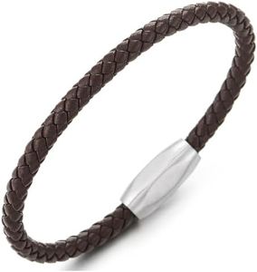 COOLSTEELANDBEYOND Minimalista Fina Marrón Cuero Trenzado Pulsera de Hombre Mujer, Pulsera Cuero Tejido, de Acero Oval Cierre Magnético