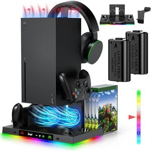LED Cooling Stand and Charging Station for Xbox Series X Console ＆ Controller, Cooling Fan Station for Xbox Series X Accessories with 2X 1400mAh Rechargeable Controller Battery Pack, 15 Light Modes