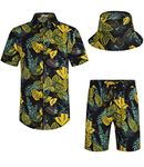 EISHOPEER Mens Hawaiian Shirts and Shorts Set 2 Pieces Tropical Outfits Leaf Printed Button Down Beach Shirt Suit with Bucket Hats Black Large