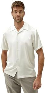 LilySilk Men Short Sleeve 100% Silk Camp Shirt Lapel Solid Button-Down Top M Natural White