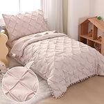 4-Piece Boho Tufted Toddler Bedding Set for Girls Beige, Pom Pom Comforter Set for Baby Kids Breathable Bed-in-a-Bag with Comforter, Flat Sheet, Fitted Sheet, Pillowcase