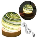 Galaxy Crystal Ball Night Light, Aurora Planet Lamp Galaxy Lamp Moon Star Light with Wooden Base, 3-Color Dimmable Bedroom Nightlight for Birthday Gift (Green Aurora Color)