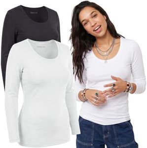 Emmalise Women's Junior and Plus Size Basic Scoop Neck Tshirt Long Sleeve Tee, 2XL, 2Pk Black, White