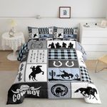 Western Cowboy Kids Comforter Set Twin Size,Horseshoes Cactus Rustic Farmhouse Bedding Set,Boys Girls Adults Room Decor,Arrow Geometric Plaids Down Comforter,Blue Retro Duvet Insert,1 Pillowcase