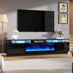 AMERLIFE 90" High Gloss 2 Tier TV Stand with 50" Electric Fireplace, Modern Luxury Large Entertainment Center/w LED Lights, Media Console Table Storage Cabinet for TVs Up to 100", Living Room, Black