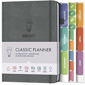 Daily Planner & appointment diary - Gratitude journal, wellness journal & 2024 Undated weekly planners and organisers - Desk journals for women & men - LUX Productivity Classic (GUNMETAL GREY)