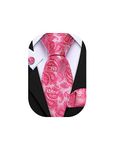 Barry.Wang Skinny Tie Men's Paisley Wedding Necktie Hot Pink Handkerchief Cufflinks Set for Formal Business