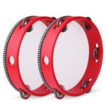 Flexzion Wood Handheld Tambourine 8" Inch Single Row 5 Pair Jingles (2 Pack, Red) - Hand Held Percussion Drum Moon Musical Tambourine with Ergonomic Handle Grip