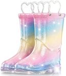 Funspread Toddler Rain Boots Girls Rain Boots - Glitter Light Up Kids Rain Boots with Easy-On Handles Lightwight Waterproof Rain Shoes Glitter Sparkle Rainbow Size 7