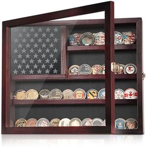 MOCAS Challenge Coin Display Case, Lockable Military Coin Holder Cabinet with Removable Star Board & HD Tempered Glass Door, Solid Wood Wall Mount Coins Collection Rack Stand, Burgundy