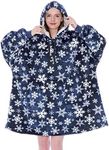 PAVILIA Blanket Hoodie for Women, Sherpa Wearable Blanket Men, Cozy Oversized Sweatshirt Blanket, Hooded Blanket Sweater, Blue Snowflake, Adult
