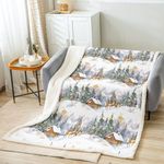 Elk Printed Sherpa Blanket Wild Animal Pattern Fleece Throw Blanket for Sofa Couch Christmas Theme Plush Blanket Winter Nature Tree Deer Room Decor King 87"x85"