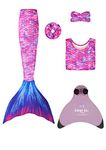 Planet Mermaid Kids Exclusive 5 Piece Set Mermaid Tail Swimming Costume for Girls. Includes Swimming Aid 'Pink Magic Fin', Tail, Crop Top & Hair Accessories. Ocean Kiss. Age-4-5 Years