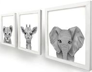 Set of 3 Pencil Drawing Baby Safari Animal Framed |11"x14"| Rustic Nursery Wall Decor Pictures - Baby Giraffe, Elephant, and Lion Animal Wall Art Set - Artwork for a Safari for Outdoor Themed Gender Neutral Baby Girls or Boys (White Stained Frame, 11"x14")