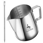 Walfos Milk Frothing Pitcher, Premium 12 oz / 350 ml Stainless Steel Coffee Milk Frother with Measurement & Decorating Art Pen, Perfect for Coffee Espresso Cappuccino and Latte Art