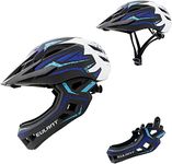 Children's Bicycle Helmet Lightweight Full Face Helmet with Detachable Chin Guard Detachable Visor Kids Downhill Helmet for Balance Bike Scooter Roller Skates Blue-White/S