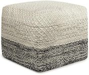 SIMPLIHOME Macie 18 Inch Boho Square Woven Outdoor/ Indoor Pouf in Grey and White Recycled PET Polyester, For the Living Room, Bedroom and Kids Room