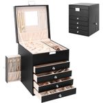 Jewellery Box Organiser with 6 Drawers and Mirror, Large PU Jewelry Organiser Display Case with Side Drawers, 5 Layers Jewellery Box for Rings Earrings Bracelets Necklaces, Black