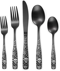 OIULO Pattern Matte Silverware Set for 8,40-Piece Gothic Matte Black Flatware Set,Unique Pattern Design,Satin Finish Cutlery for 8,Halloween Skull Tableware Utensils for Kitchen Square