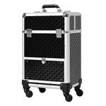 HOMCOM Portable Aluminum Makeup Train Cases, Rolling Makeup Case, Salon Beauty Cosmetic Jewelry Organizer Trolley with 4 Wheels, Black