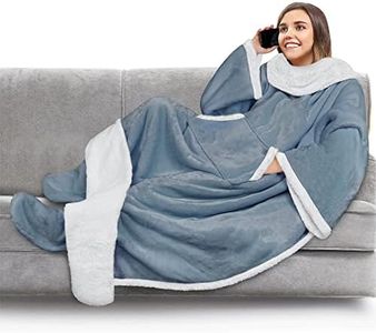 PAVILIA Sherpa Blanket with Sleeves, Foot Pocket for Women Men Adults, Thick Wearable Blanket Throw Wrap, Fleece Warm Snuggle Blanket Robe, Cozy Gift Ideas Wife Mom, Blue