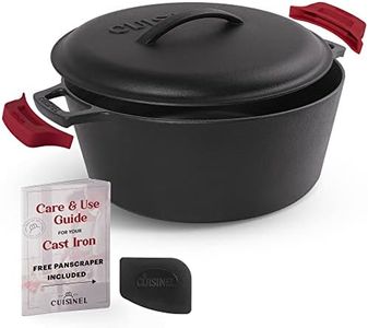 Cuisinel Cast Iron Dutch Oven - 7-Quart Deep Pot + Lid + Pan Scraper + Handle Covers - Large Pre-Seasoned Cooker for Baking Bread, Soup, Frying - Indoor/Outdoor Kitchen, Camping, Fire, BBQ Safe