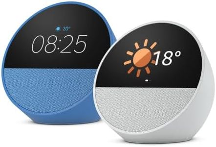 2 x Amazon Echo Spot (2024 release), Smart alarm clock with vibrant sound + Alexa, Ocean Blue and Glacier White