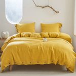 Simple&Opulence 100% Washed Linen Duvet Cover, 3 Pieces Natural Flax French Country Bedding Set, Breathable Farmhouse Comforter Cover with Coconut Button Closure(King,Mustard Yellow)